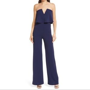 Lulus Navy Blue Power of Love Strapless Wide Leg Jumpsuit Size Large